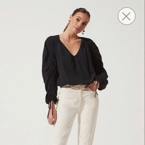 Astr Black V-Neck Ruched Sleeve Blouse